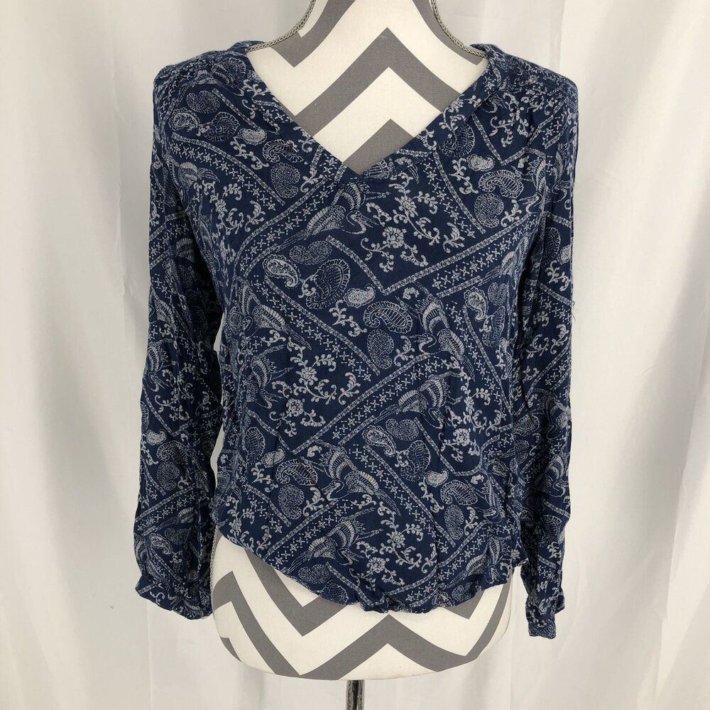 LOGG Label of Graded Goods H&M Blue White Crane Paisley Floral V-Neck Blouse 2